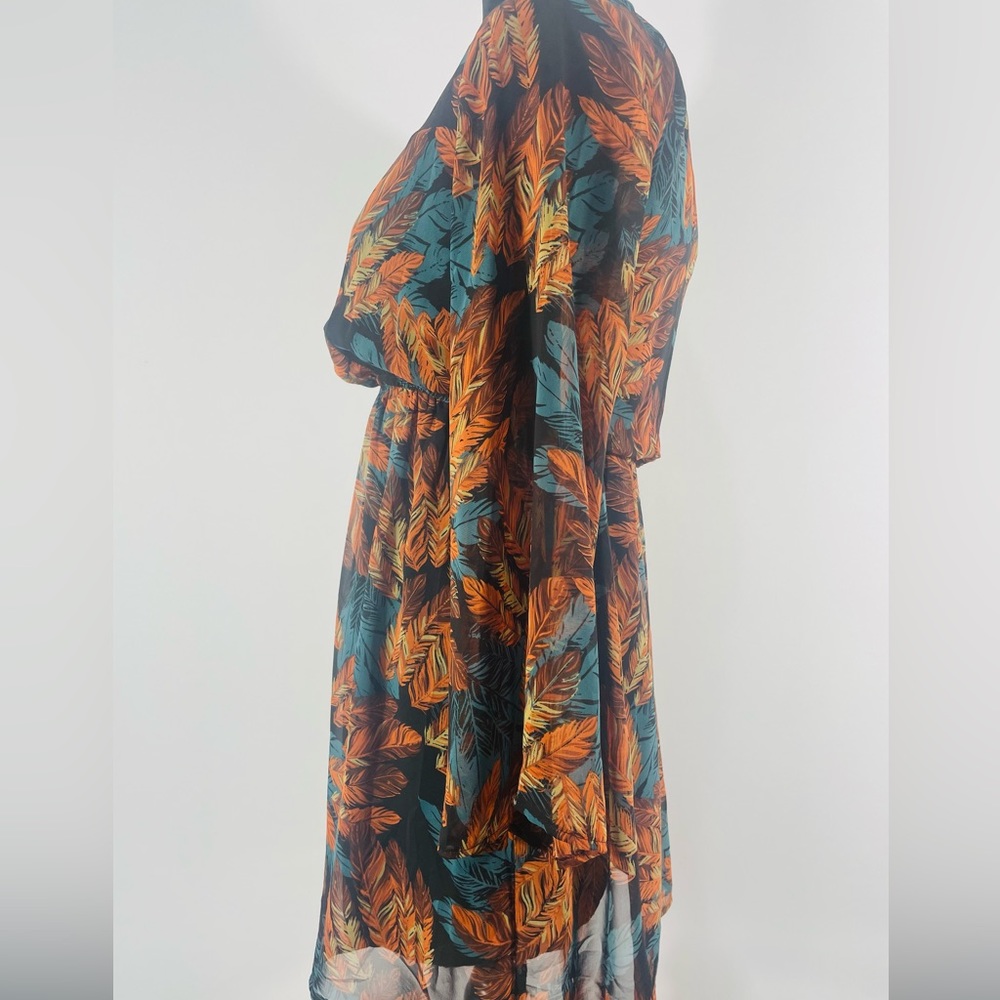 Francesca’s Small, multi fall colors, Black, feather, one shoulder sheer dress, - Picture 2 of 8